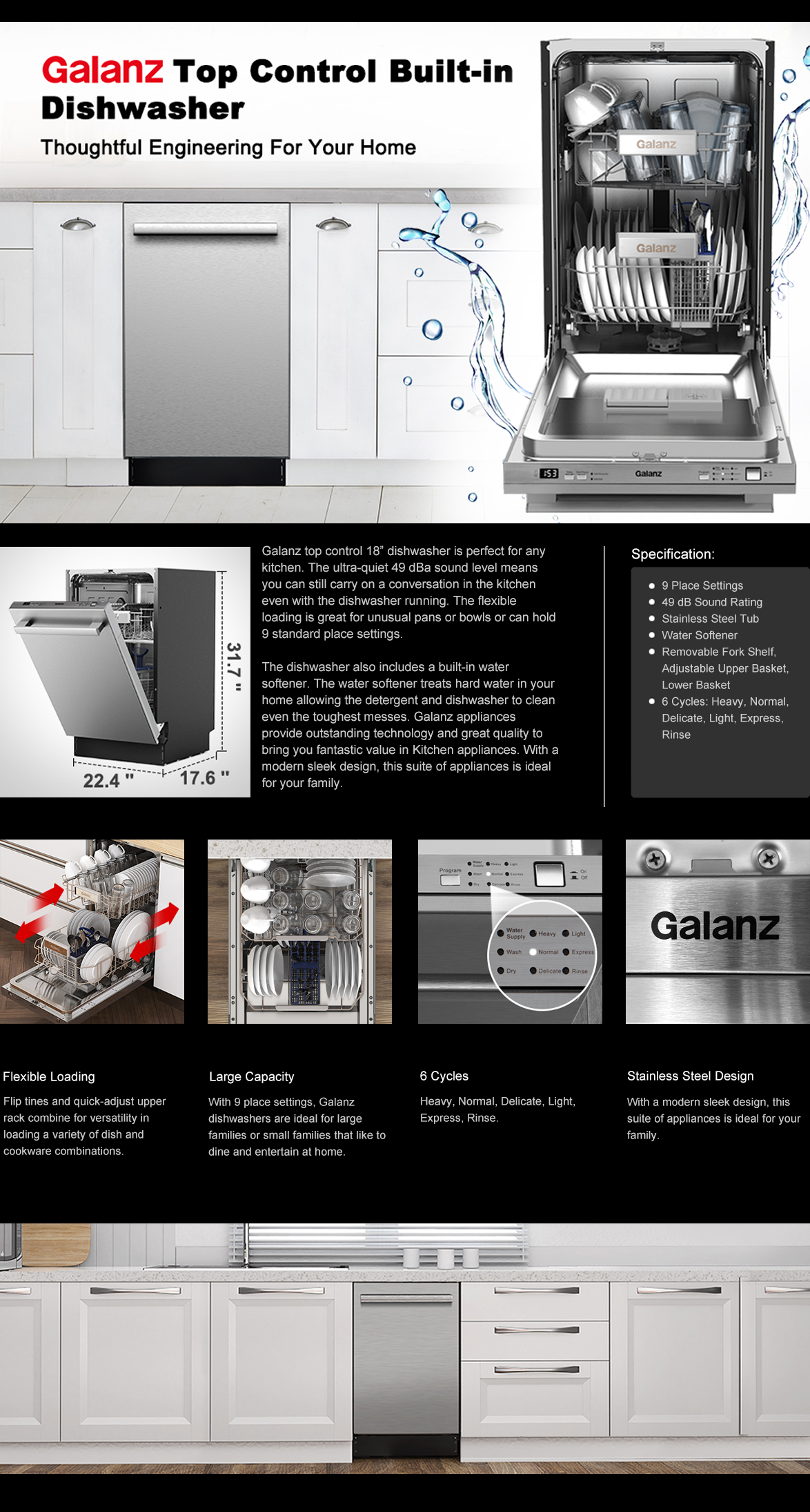  Galanz GLDW09TS2A5A Built in Dishwasher, 9 Place Setting, 18  Inch, 6 Cycles, 3 Options, Stainless Steel : Home & Kitchen