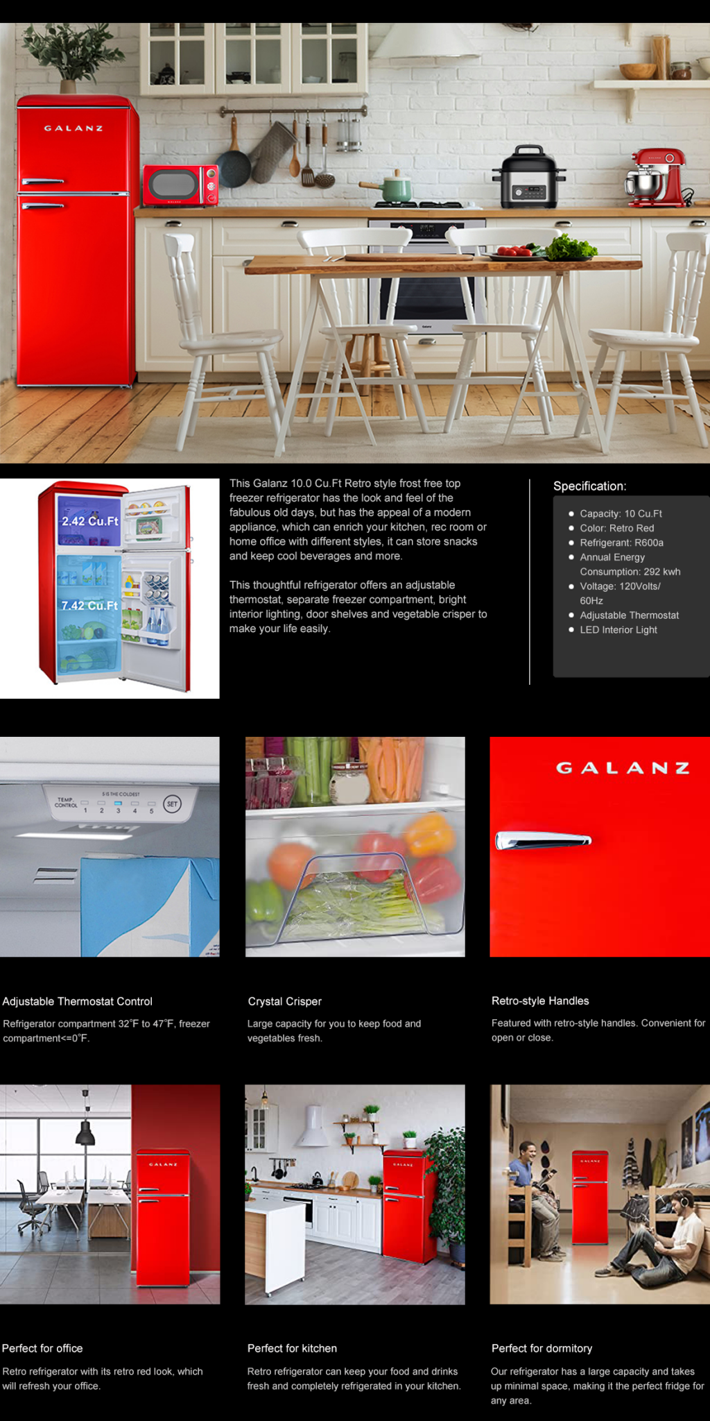 galanz retro fridge 10 cubic feet white