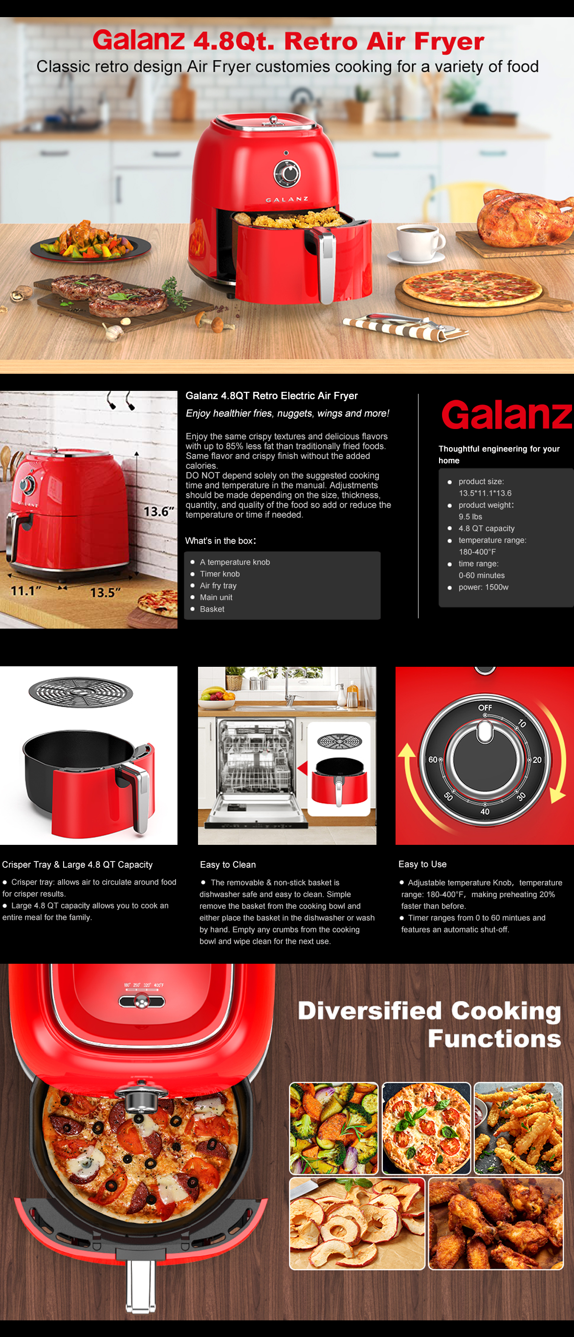 Galanz Retro Electric Air Fryer with Non-Stick Basket, Temperature