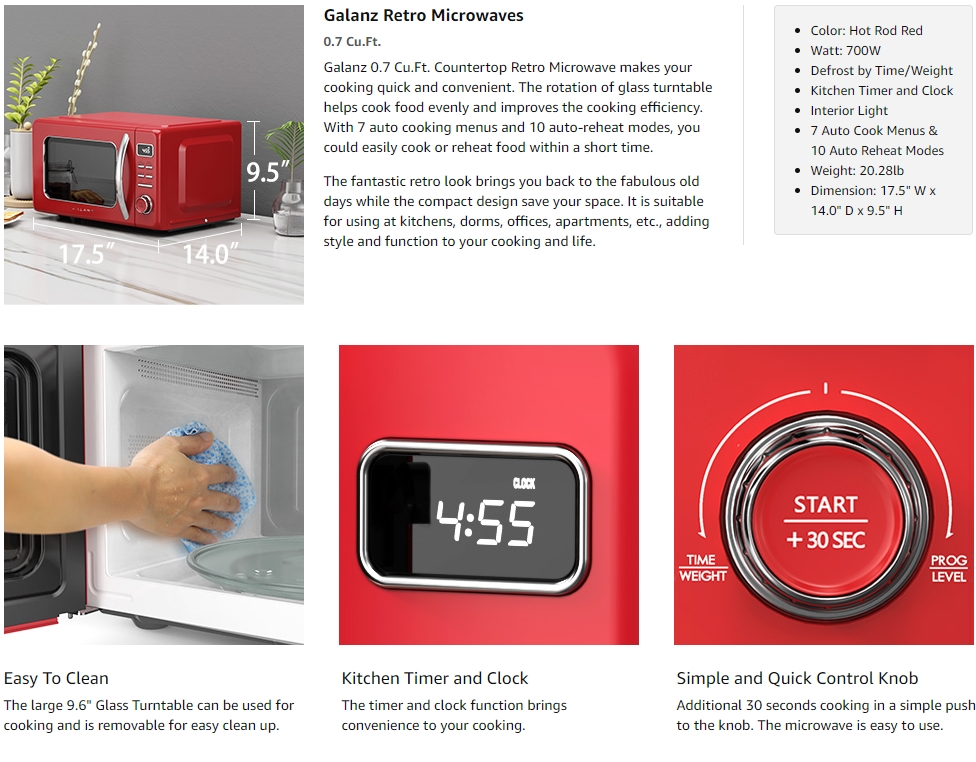 Four à micro-ondes Retro 0,7 pi³ de Galanz (GLCMKZ07RDR07) - Rouge vif