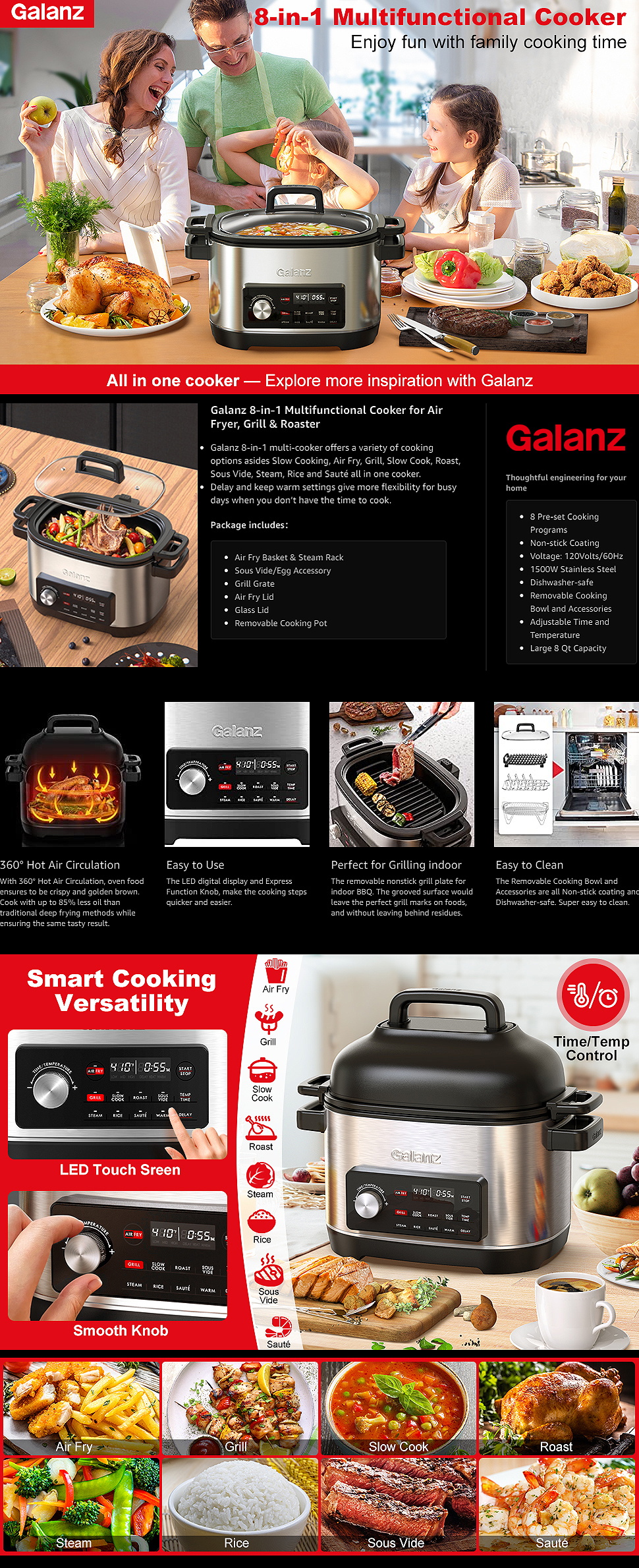 Galanz 12-in-1 Electric Pressure Cooker & Air Fryer with 12 Preset Programs  Including Slow Cook, AirFry, Dehydrate, Rice, Grill, Roast, Steam, Beans